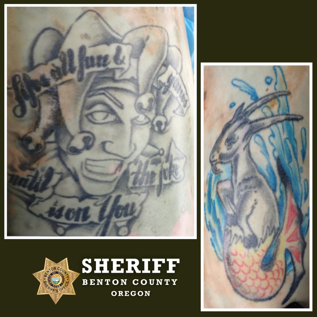 Tattoos found on an unidentified adult male who was discovered deceased in the Willamette River. Tattoo one is of a jester with words "Lifes all fun & yours until the joke is on You". The second is a red and black half goat, half fish with blue water splashes in the background.