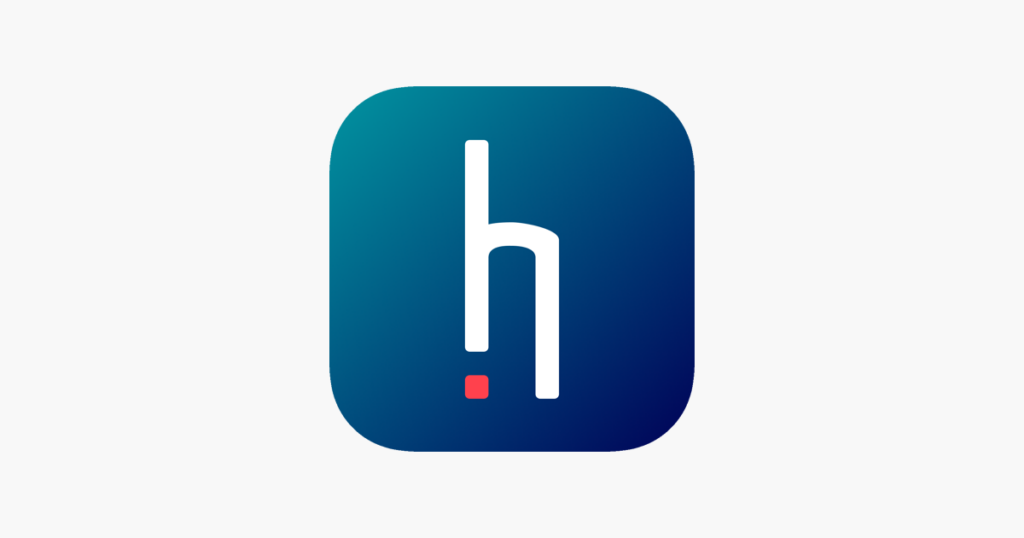 lowercase letter h in white with a dark blue background, and a red square dot at the base of the h.