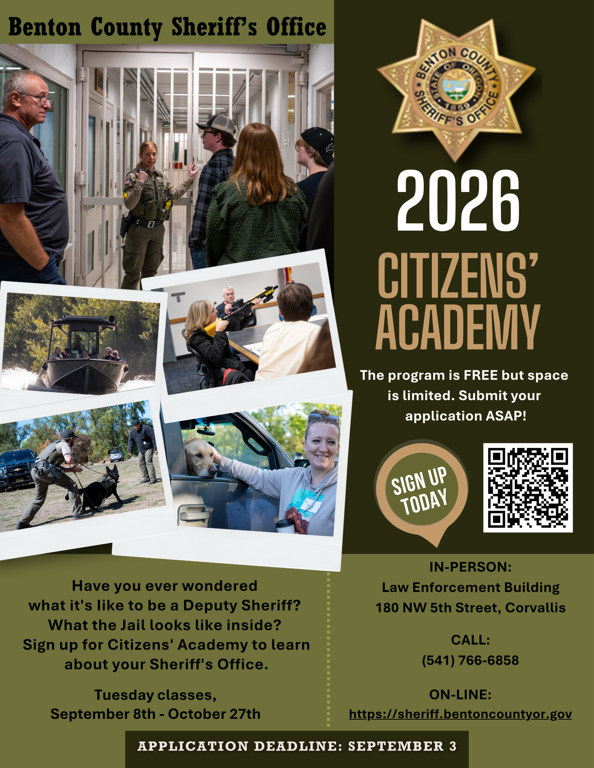 The Benton County Sheriff’s Office (BCSO) is accepting applications for its 2026 Citizens’ Academy. This free program is designed to give participants an opportunity to learn more about the day-to-day operations of the Sheriff’s Office.