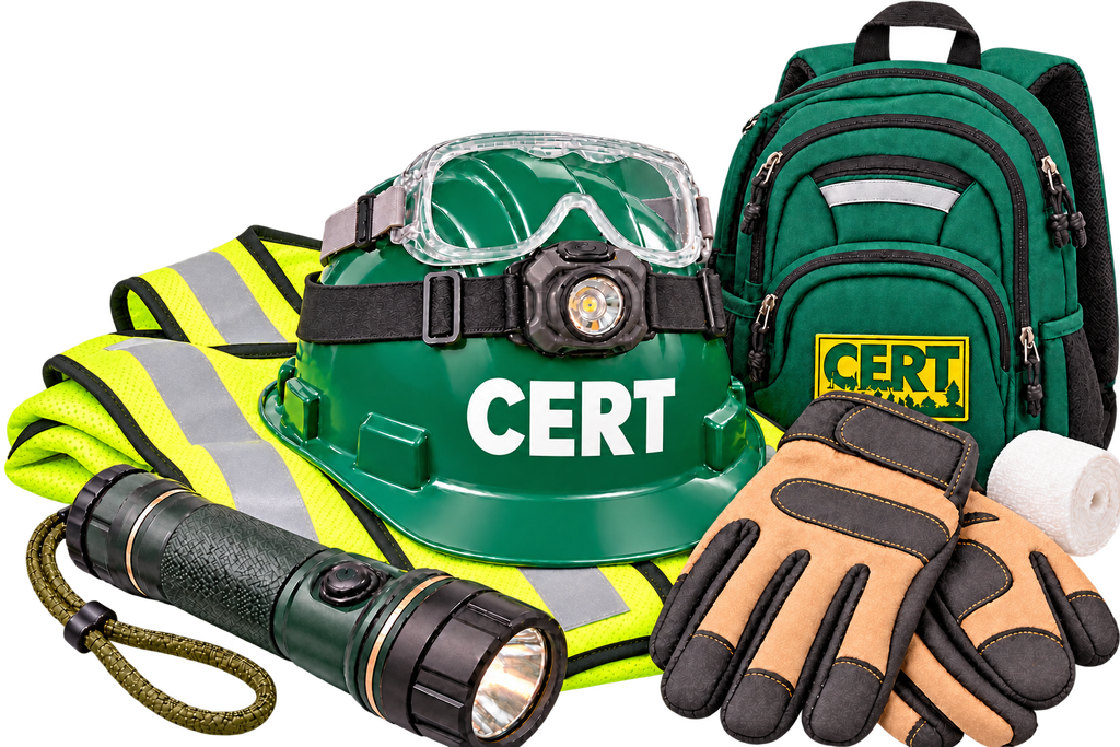 A green helmet labeled "CERT" with clear safety glasses and a headlamp around the top sitting with a green backpack, black and orange gloves, a roll of gauze, safety vest, and a flashlight.